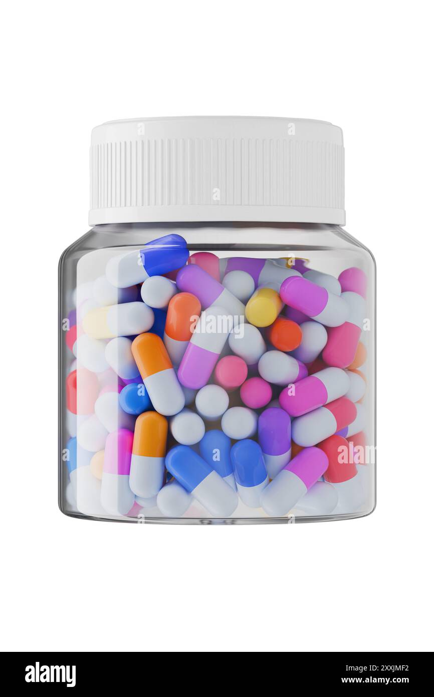 Additive Jar Glass jar with colored capsules of antibiotics, food additives ...