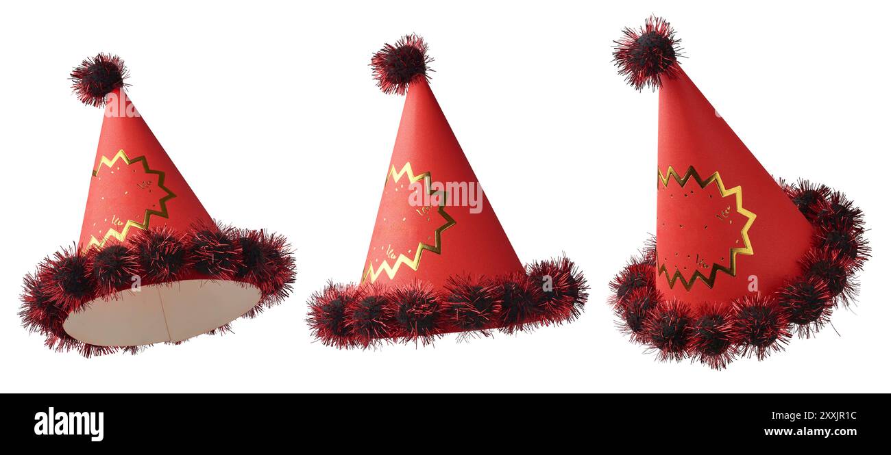 Set Of Decorative Red Party Hats With Pom Pom Isolated White Background 