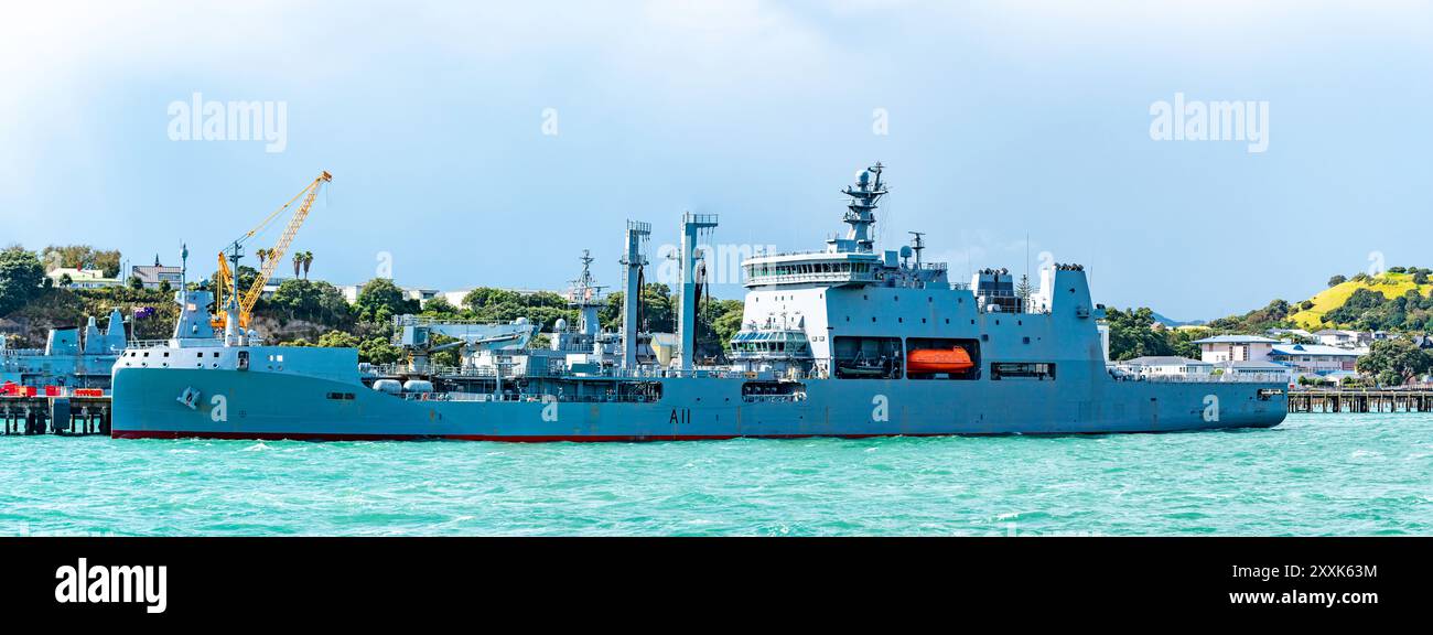HMNZS Aotearoa is an auxiliary (oiler) ship of the Royal New Zealand Navy. It is winterized and has an ice breaker hull along with hybrid propulsion. Stock Photo