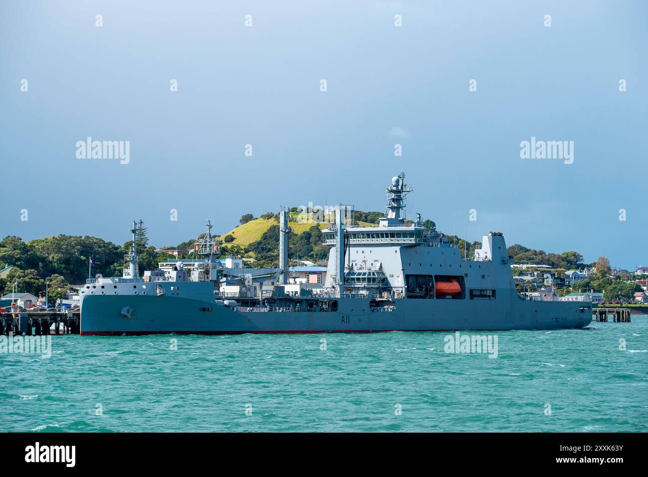 HMNZS Aotearoa is an auxiliary (oiler) ship of the Royal New Zealand Navy. It is winterized and has an ice breaker hull along with hybrid propulsion. Stock Photo
