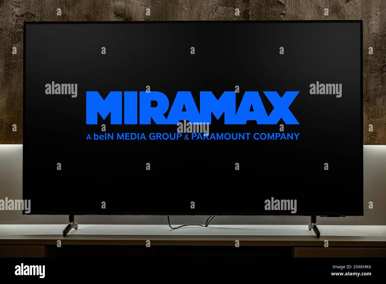 POZNAN, POL - DEC 19, 2023: Flat-screen TV set displaying logo of Miramax, an American entertainment company known for producing and distributing film Stock Photo