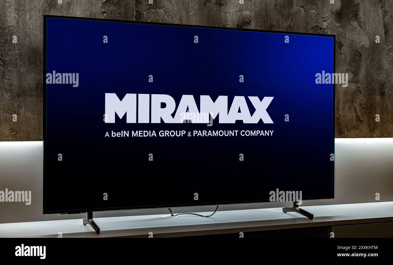 POZNAN, POL - DEC 19, 2023: Flat-screen TV set displaying logo of Miramax, an American entertainment company known for producing and distributing film Stock Photo
