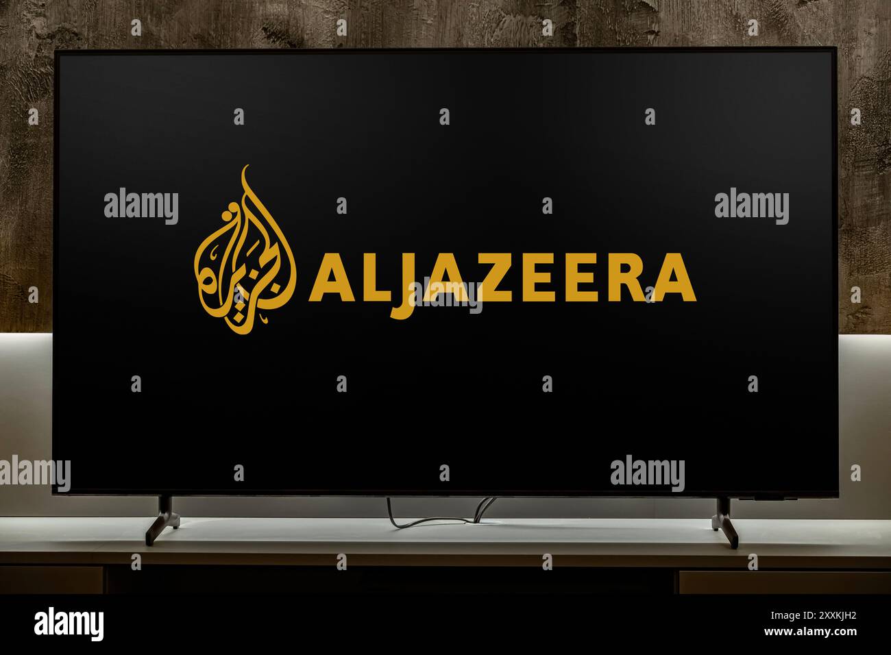 POZNAN, POL - JUL 31, 2024: Flat-screen TV set displaying logo of Al ...