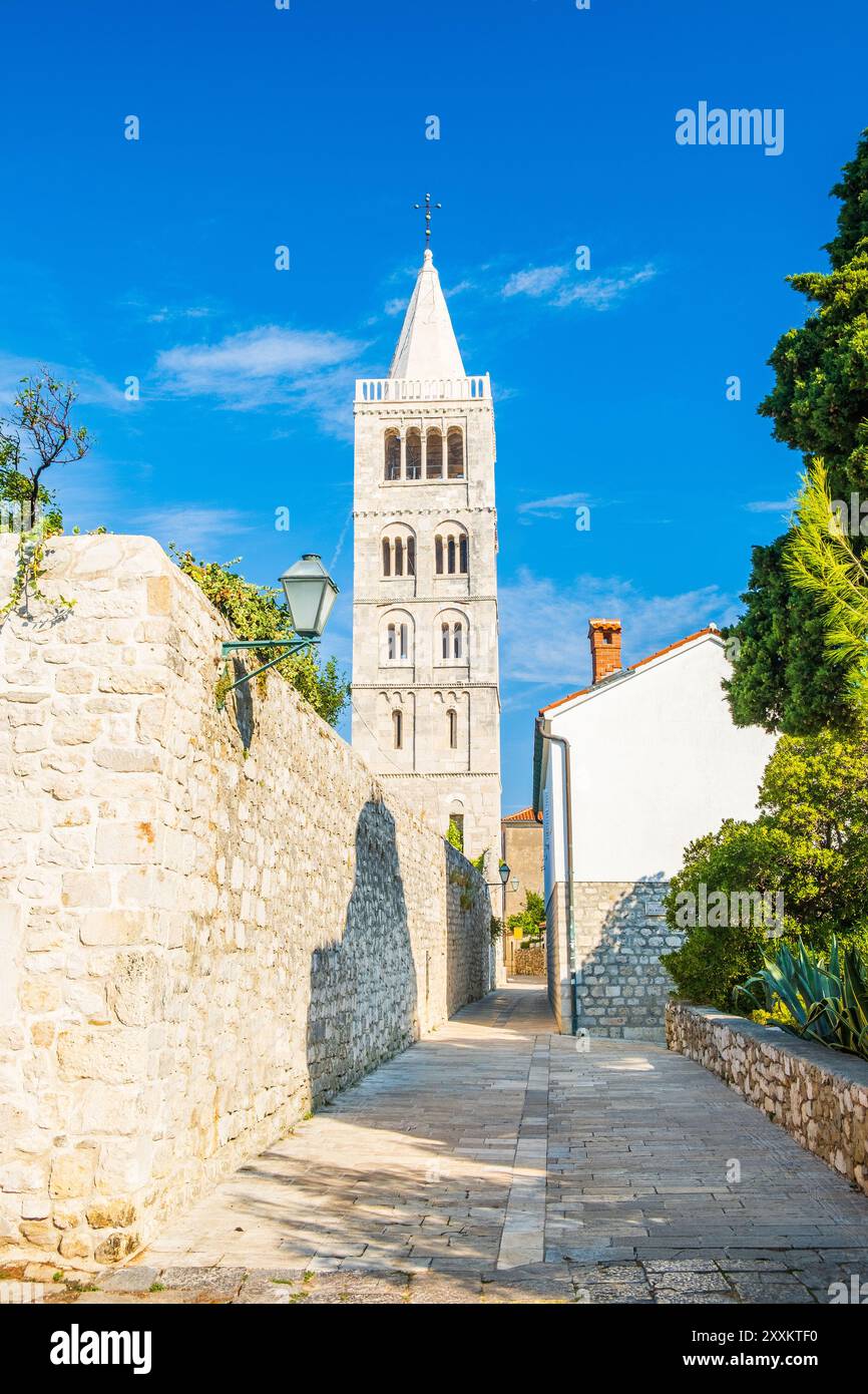 Stari Grad Rab Street and cathedral tower view in town of Rab, Croatia Stock Photo - Alamy