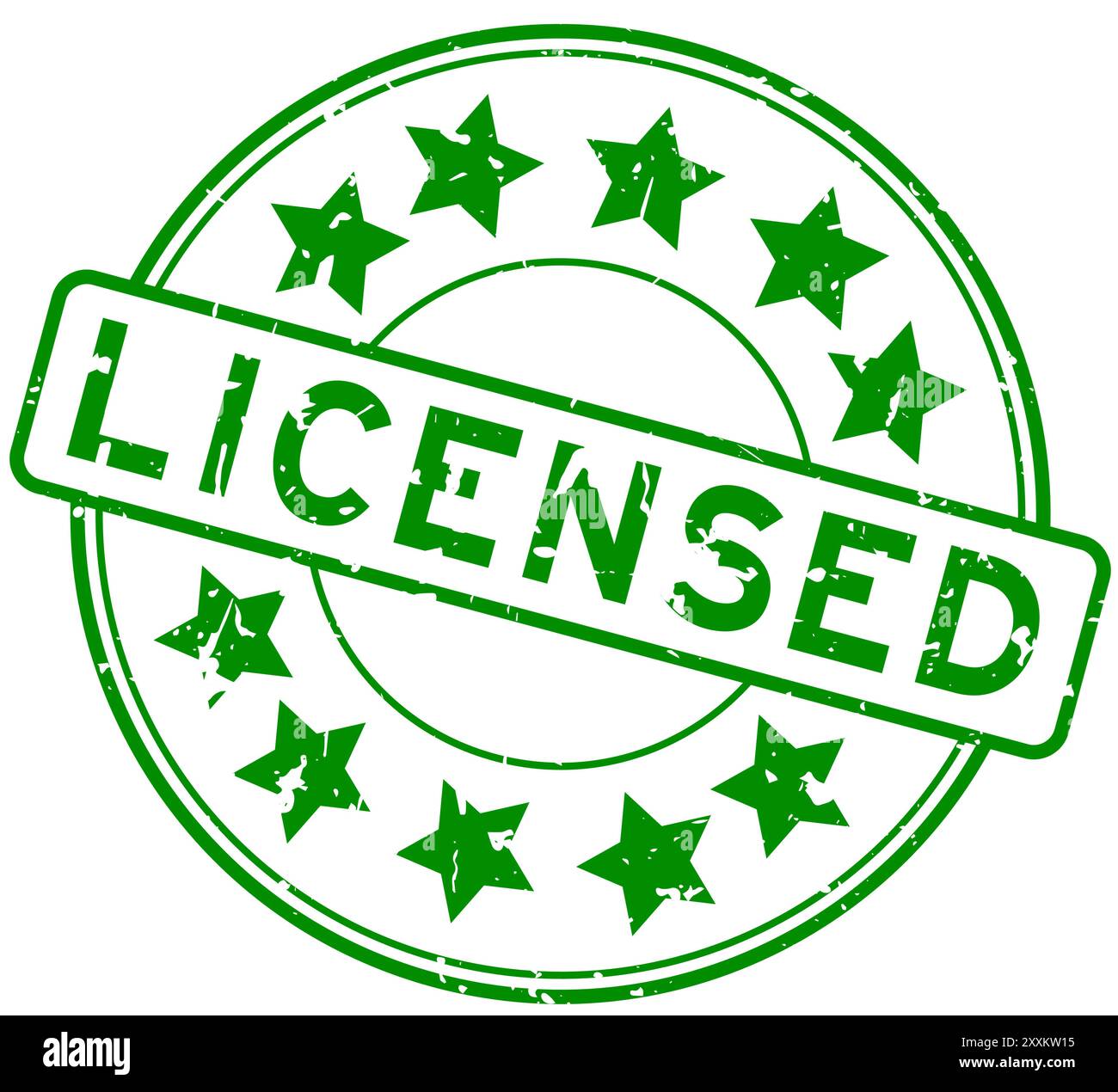 Grunge green licensed word with star icon round rubber seal stamp on ...