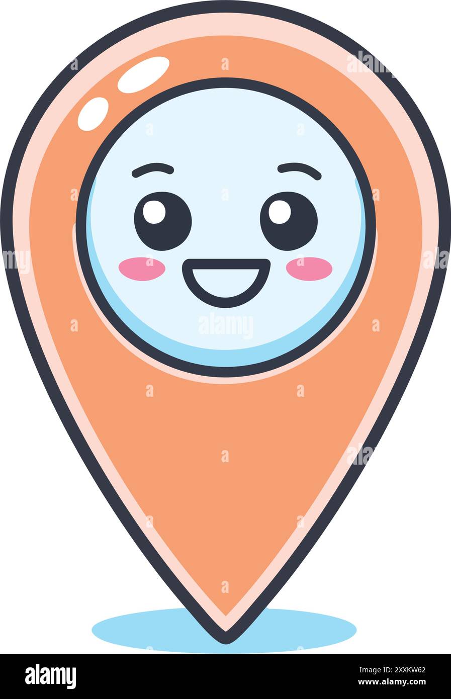 Happy location icon. Cheerful map marker with a joyful expression, suitable for projects related to travel, destinations, and positive experiences. Stock Vector