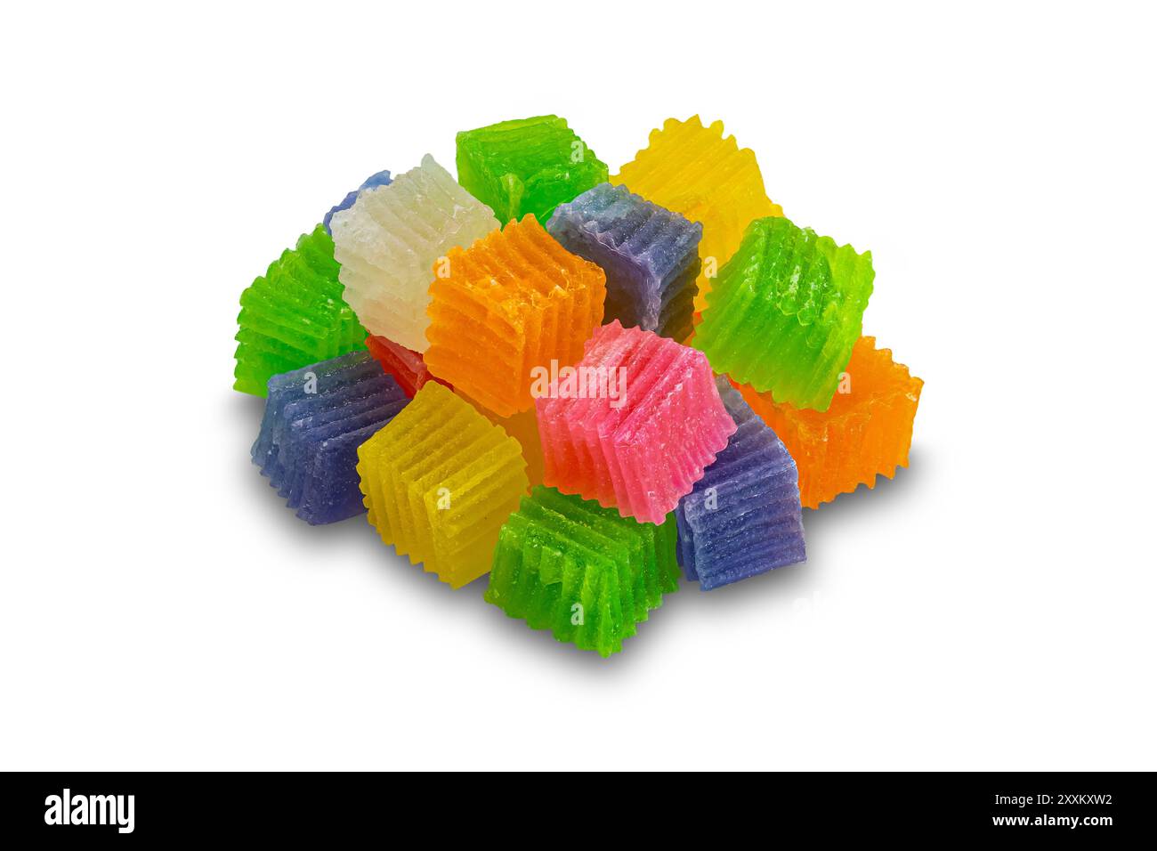 Cube shape crispy jelly. High angle view pile of sweet colorful cube shape crispy jelly isolated on white background with clipping path. Stock Photo