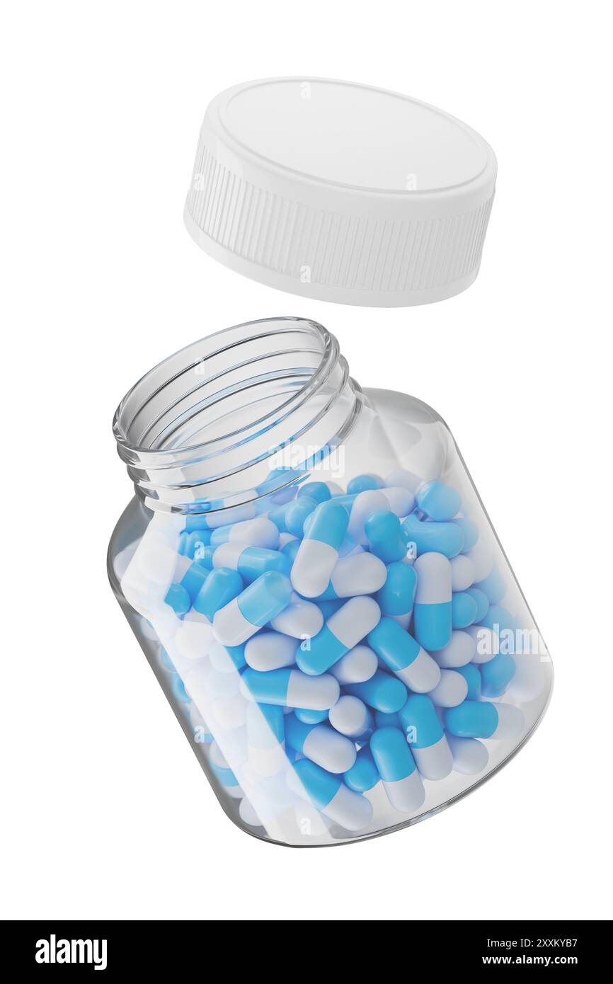 Additive Jar Glass jar with open lid, jar with white and blue capsules of ...