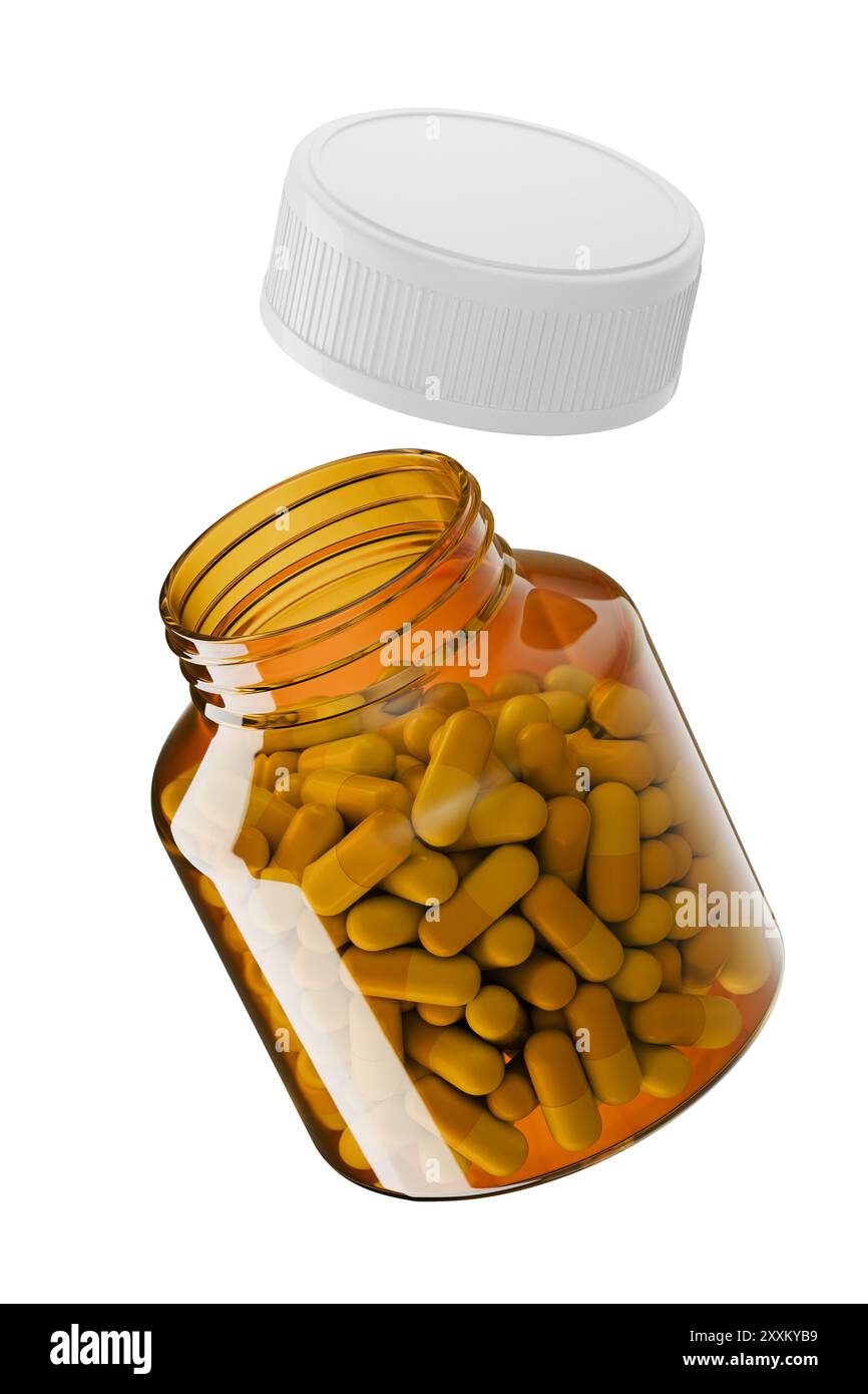 Additive Jar Open lid amber glass jar with white capsules of antibiotics, food ...