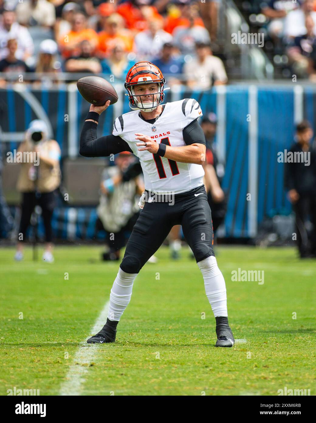 August 17, 2024: Cincinnati Bengals quarterback #11 Logan Woodside passes the ball during the game against the Chicago Bears in Chicago, IL. Mike Wulf/CSM Stock Photo