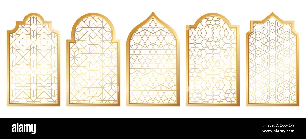 Golden traditional islamic window shape. Arabic frames, mosque arches with gold geometric motif pattern. Muslim palace architecture elements, silhouette moroccan borders or gates. Ramadan kareem doors Stock Vector