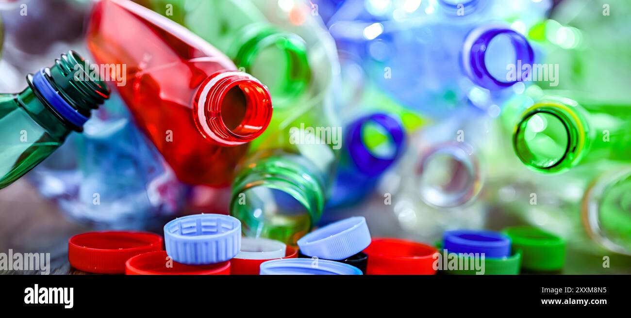Empty colored drink bottles. Recyclable plastic waste. Stock Photo