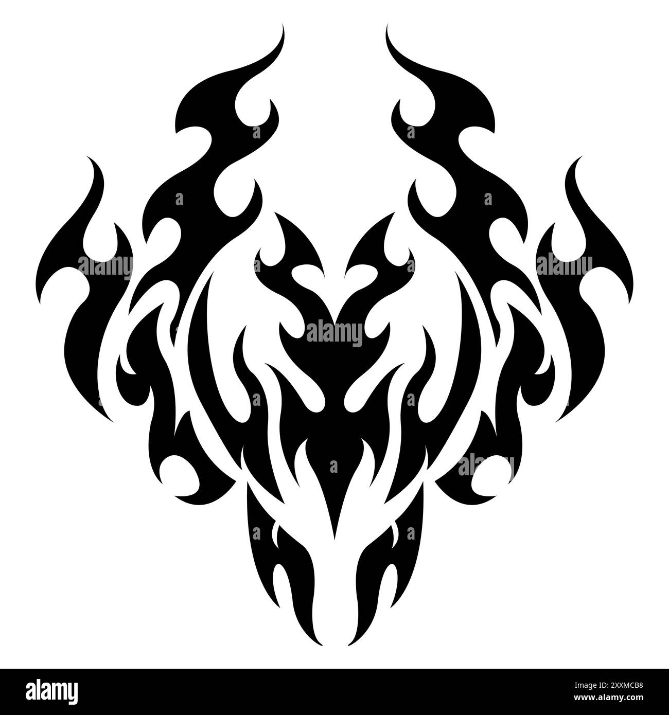 The design represents a bold and powerful tattoo of a phoenix rising from flames. Rendered in a tribal style, the black lines are sharp and flowing, c Stock Vector