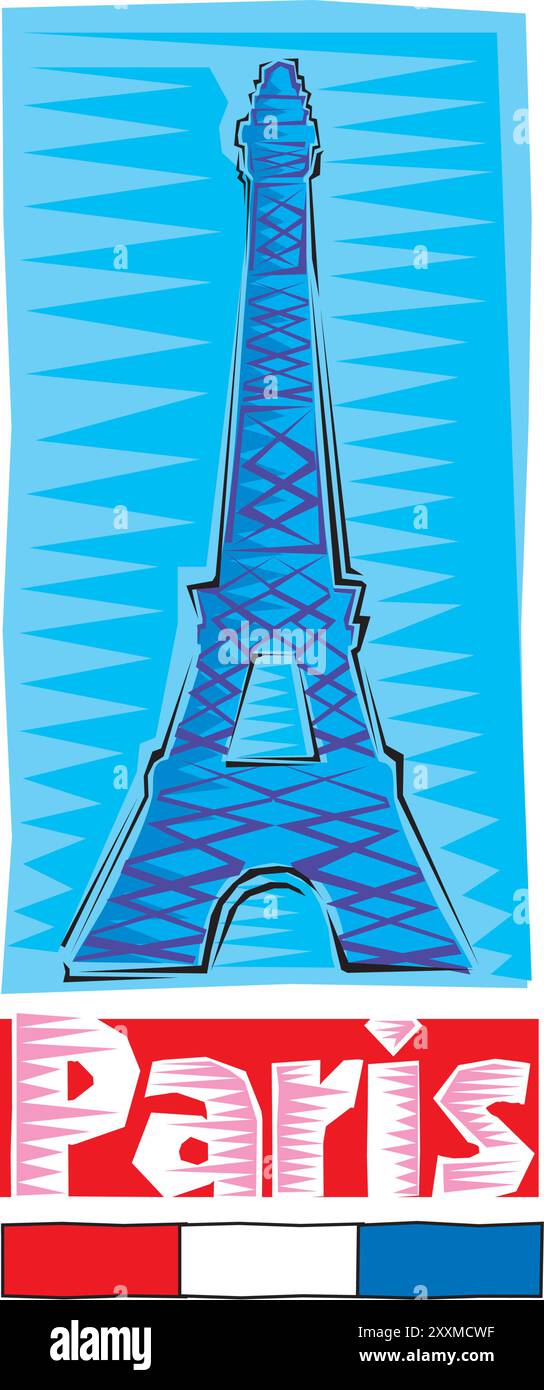 Clipart of Paris Colorful hand drawn Eiffel tower isolated on blue background design vector illustration Stock Vector