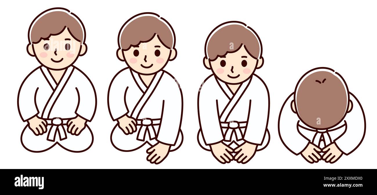 Cute cartoon kid performing japanese martial arts bow (zarei) sitting in seiza. Boy in gi,  karate, aikido, judo student. Simple drawing, vector clip Stock Vector