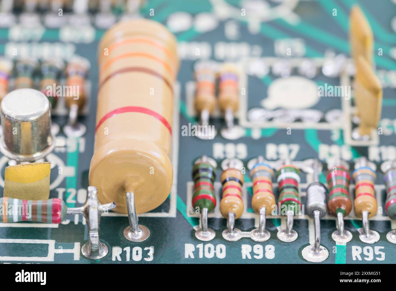 Closeup electronic hardware . Resistor and condensers assembly on the ...