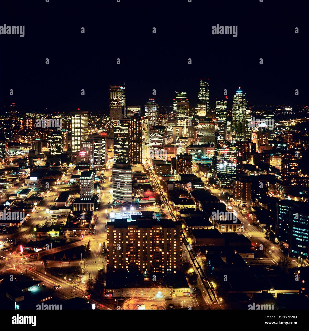 Seattle downtown, aerial, night, WA Washington state, USA, Stock Photo