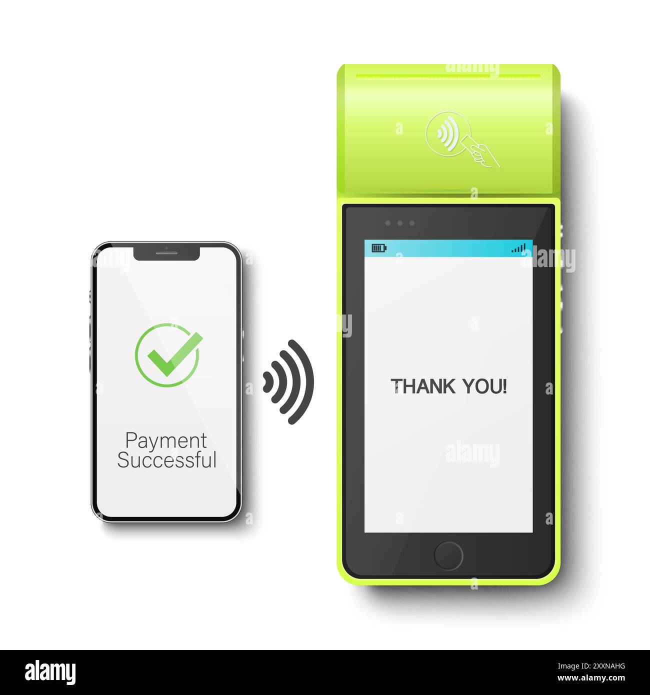 Vector 3D Realistic NFC Payment Terminal and Smartphone. Successful Payment, Successful Transaction. Payment Machine with Approved Status. Design Stock Vector