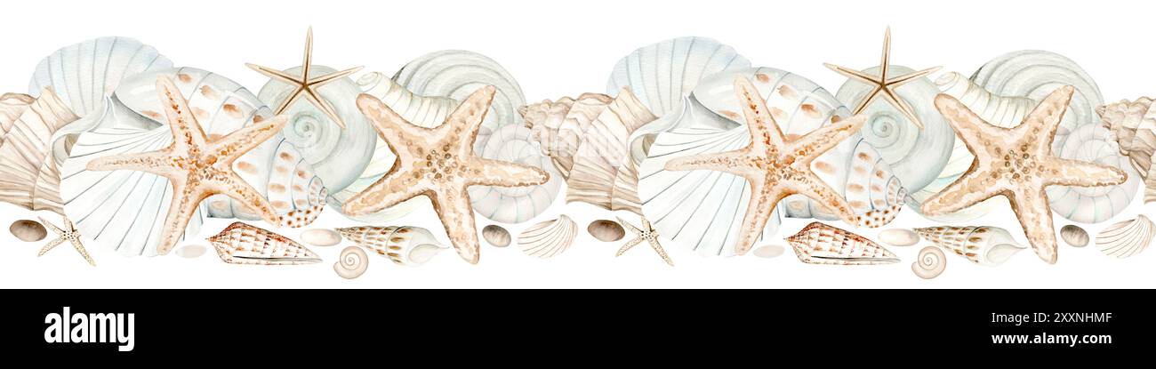 Seamless border of beige sea shells, zed and pebbles watercolor ...