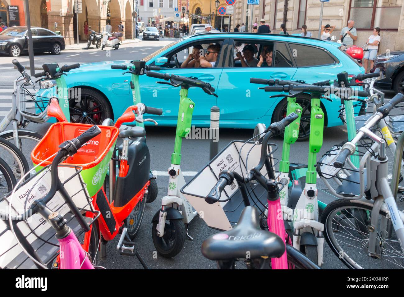 Stare Mesto Prague city center flooded with electric scooters Stock Photo