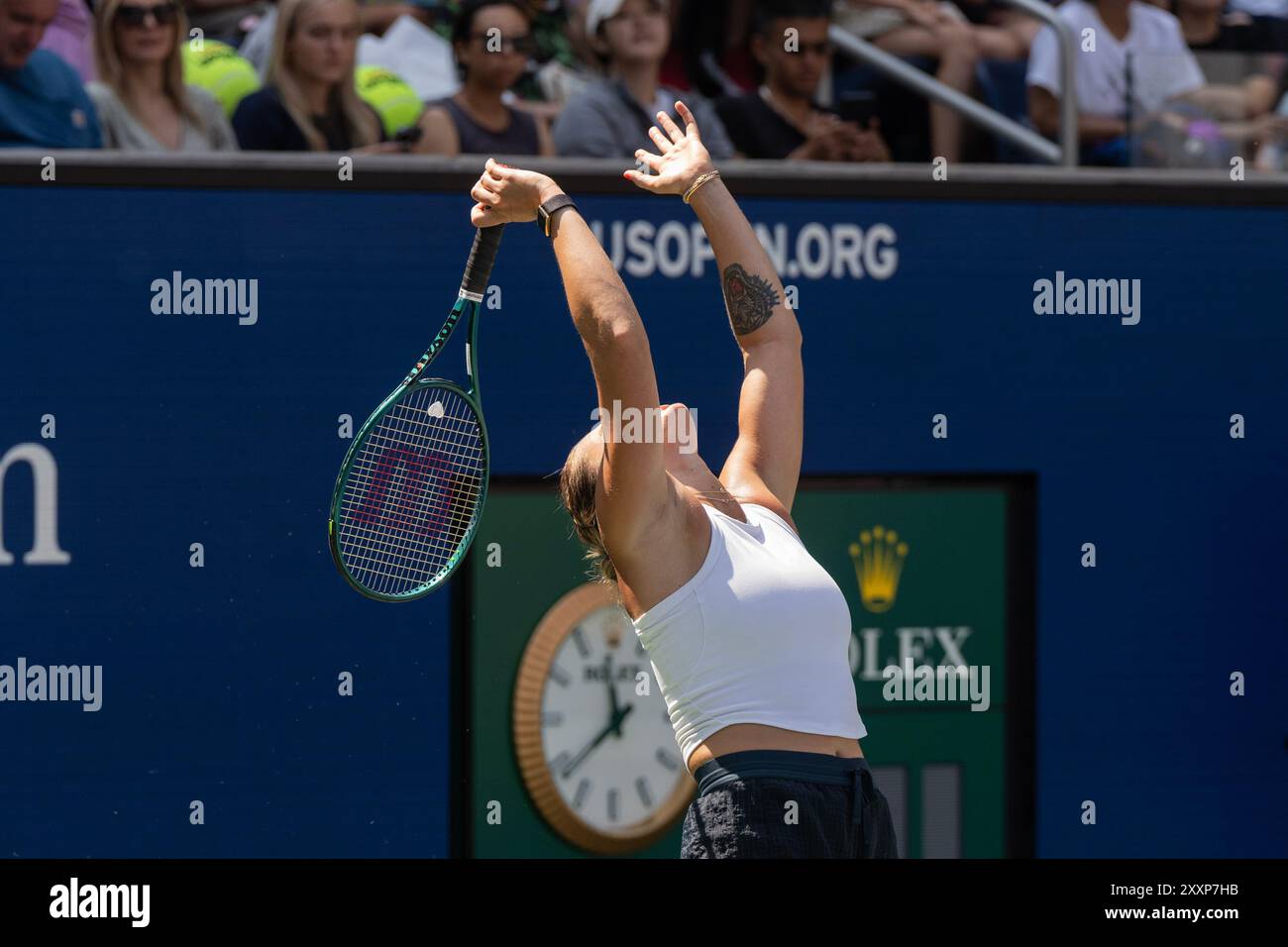 Aryna Sabalenka reacts during practice ahead of start of US Open