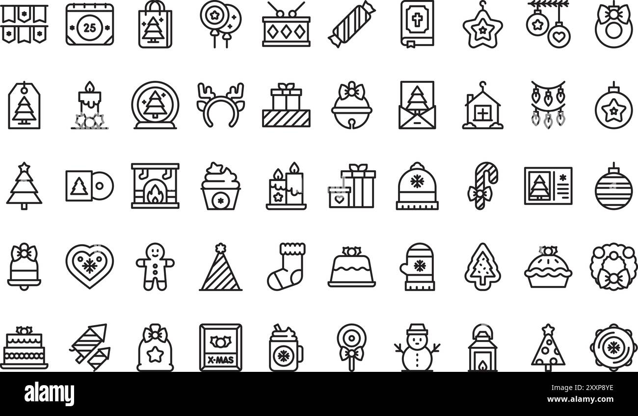 Christmas decoration icons collection is a vector illustration with editable stroke. Stock Vector