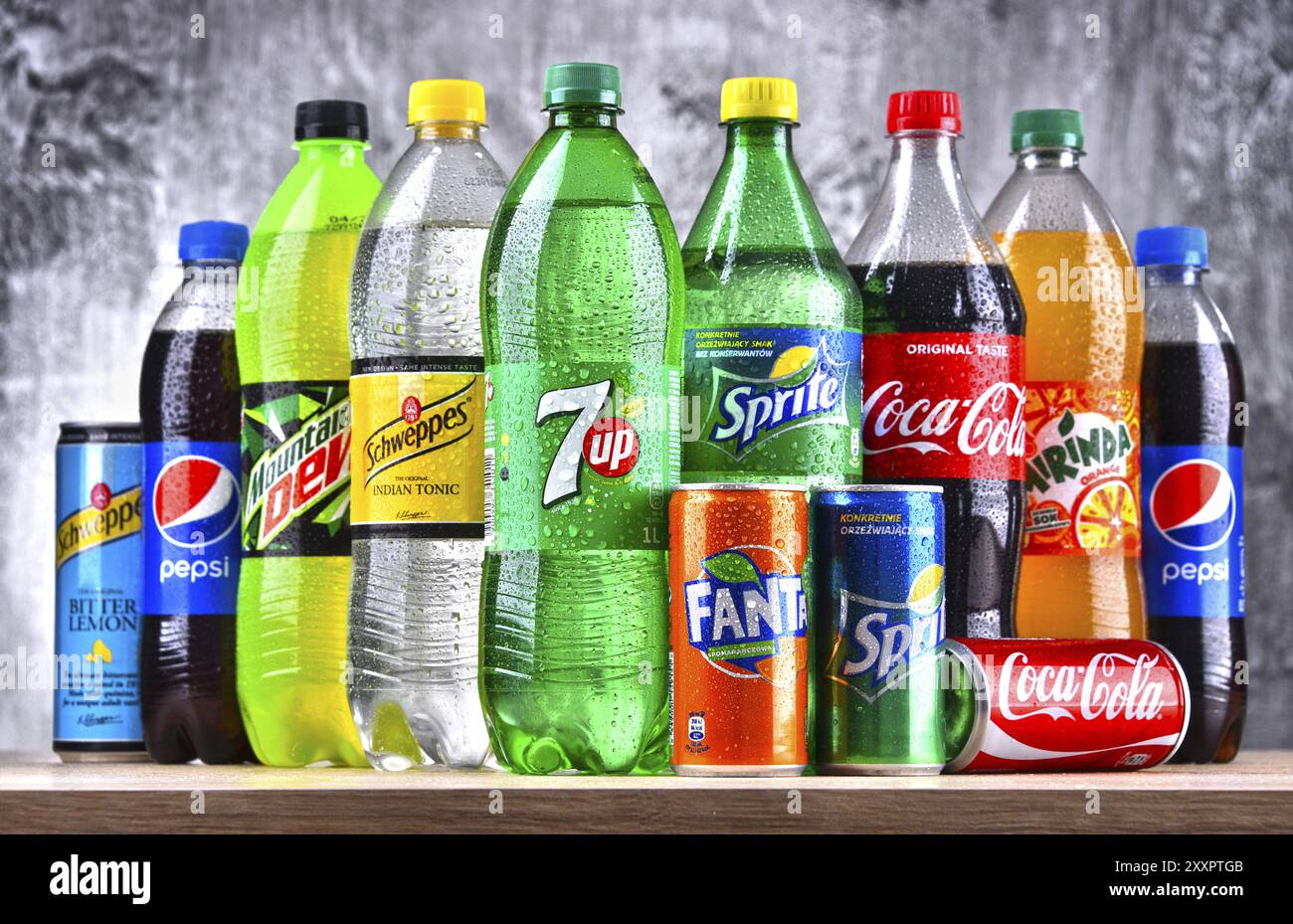Bottles of global soft drink brands including products of Coca Cola Company and Pepsico Stock Photo