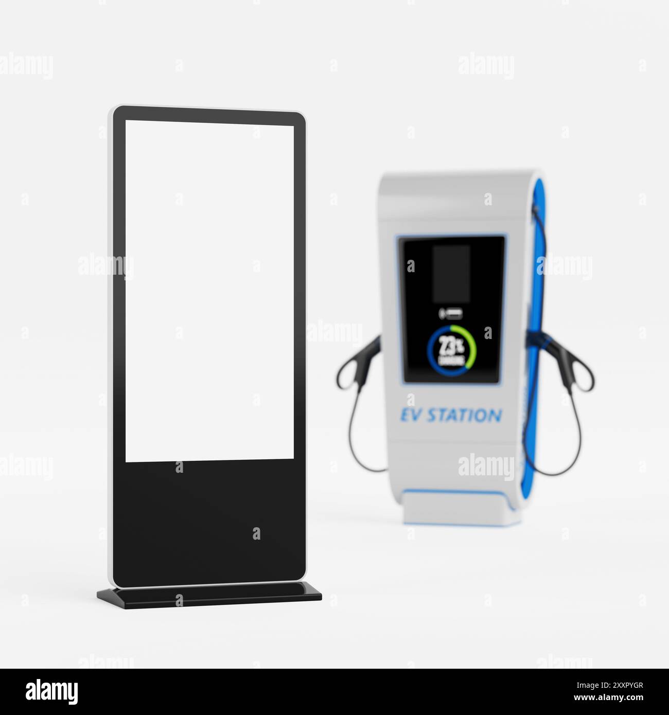 Blank Trade Show LCD Screen Display Stand as Template for Your Design in Front of White Modern Power Supply for Electric Car Charging Station on a whi Stock Photo