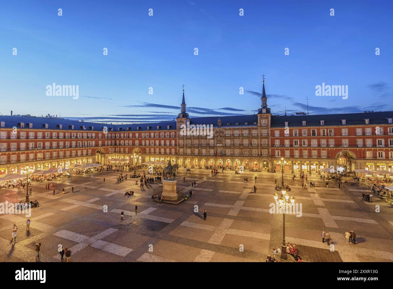 Madrid Spain, aerial view night city skyline at Plaza Mayor Stock Photo