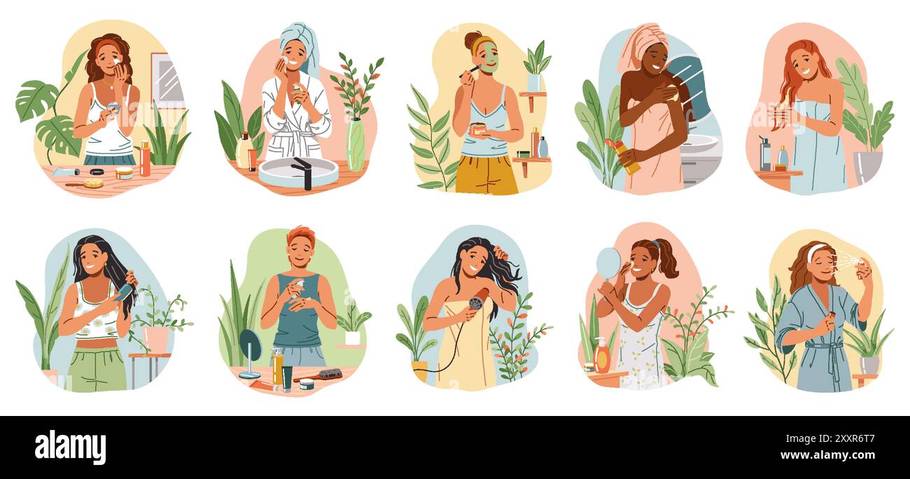 Young women taking time for self care at home flat color vector icon set. Pampering and spa treatment procedures after shower illustration pack on whi Stock Vector