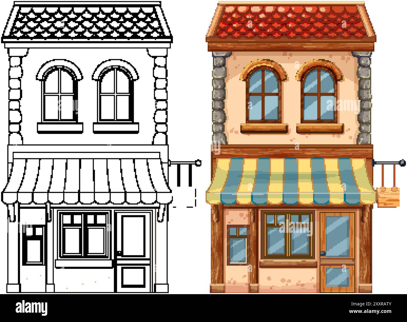 Color and outline versions of a two-story house Stock Vector Image ...