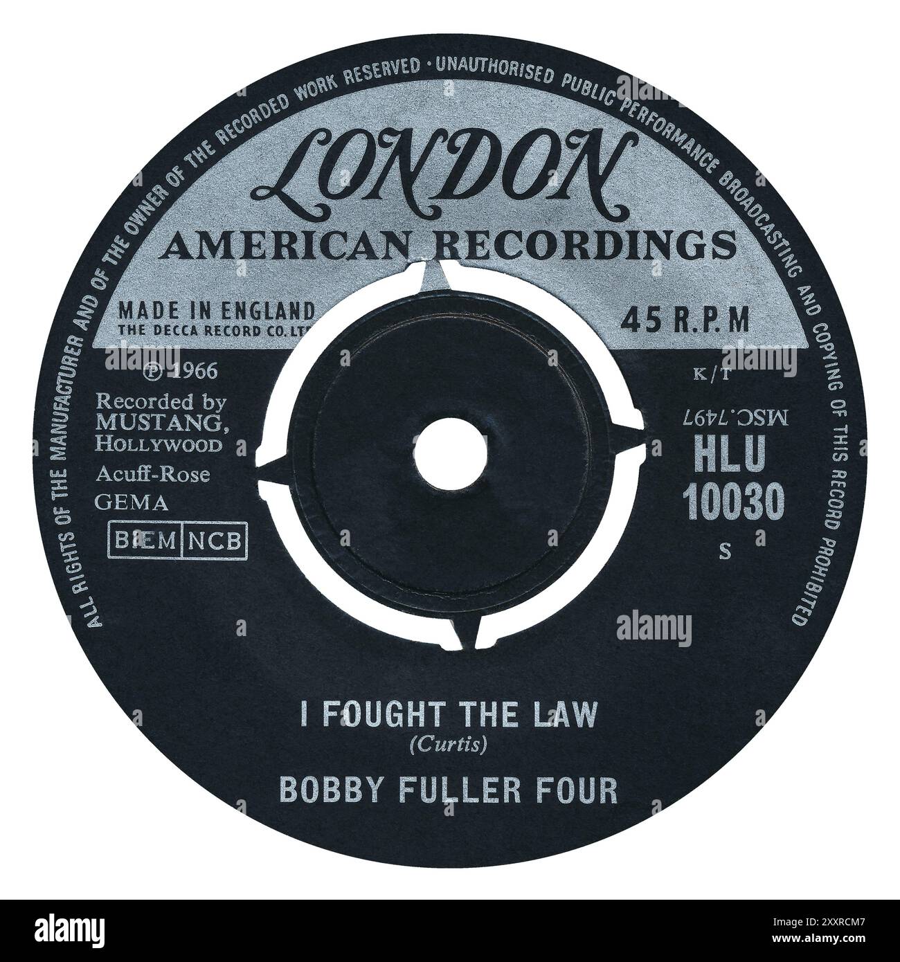 45 RPM 7' UK record label of I Fought The Law by The Bobby Fuller Four on the London label from March 1966. Written by Sonny Curtis of The Crickets. Produced by Bob Keane. Stock Photo