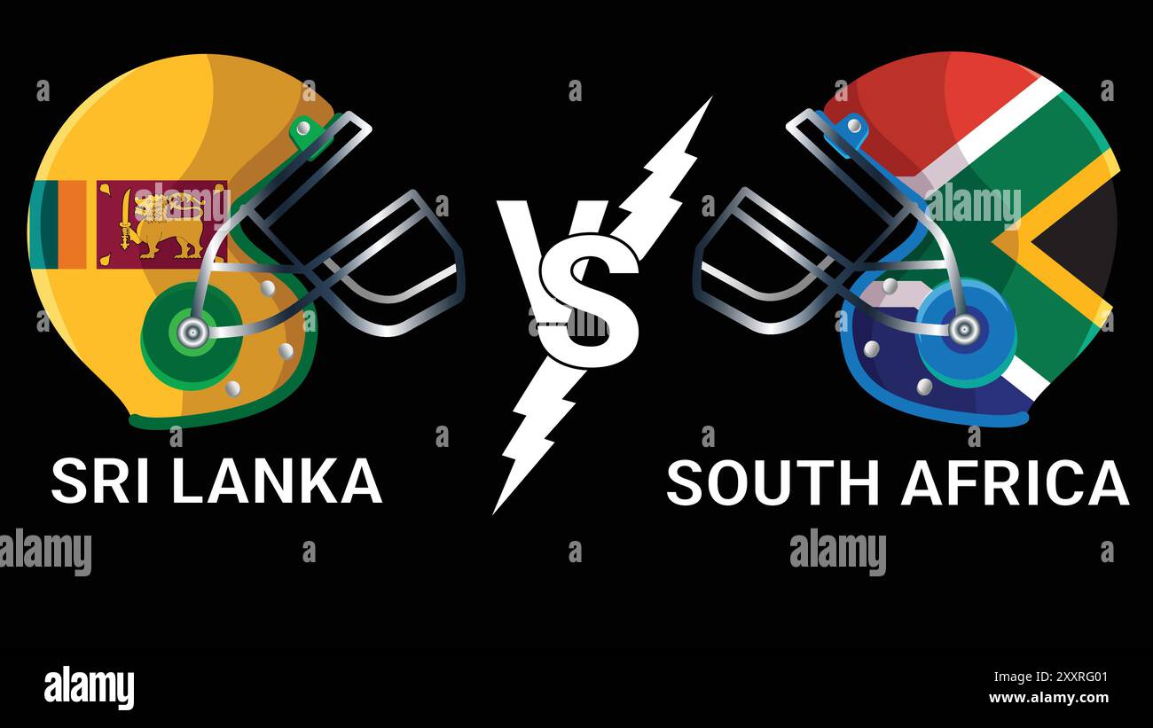 Sri Lanka Vs South Africa 3D  Illustration. SL VS SA vector flags over cricket Helmet  for Versus Match with Black Background Stock Vector