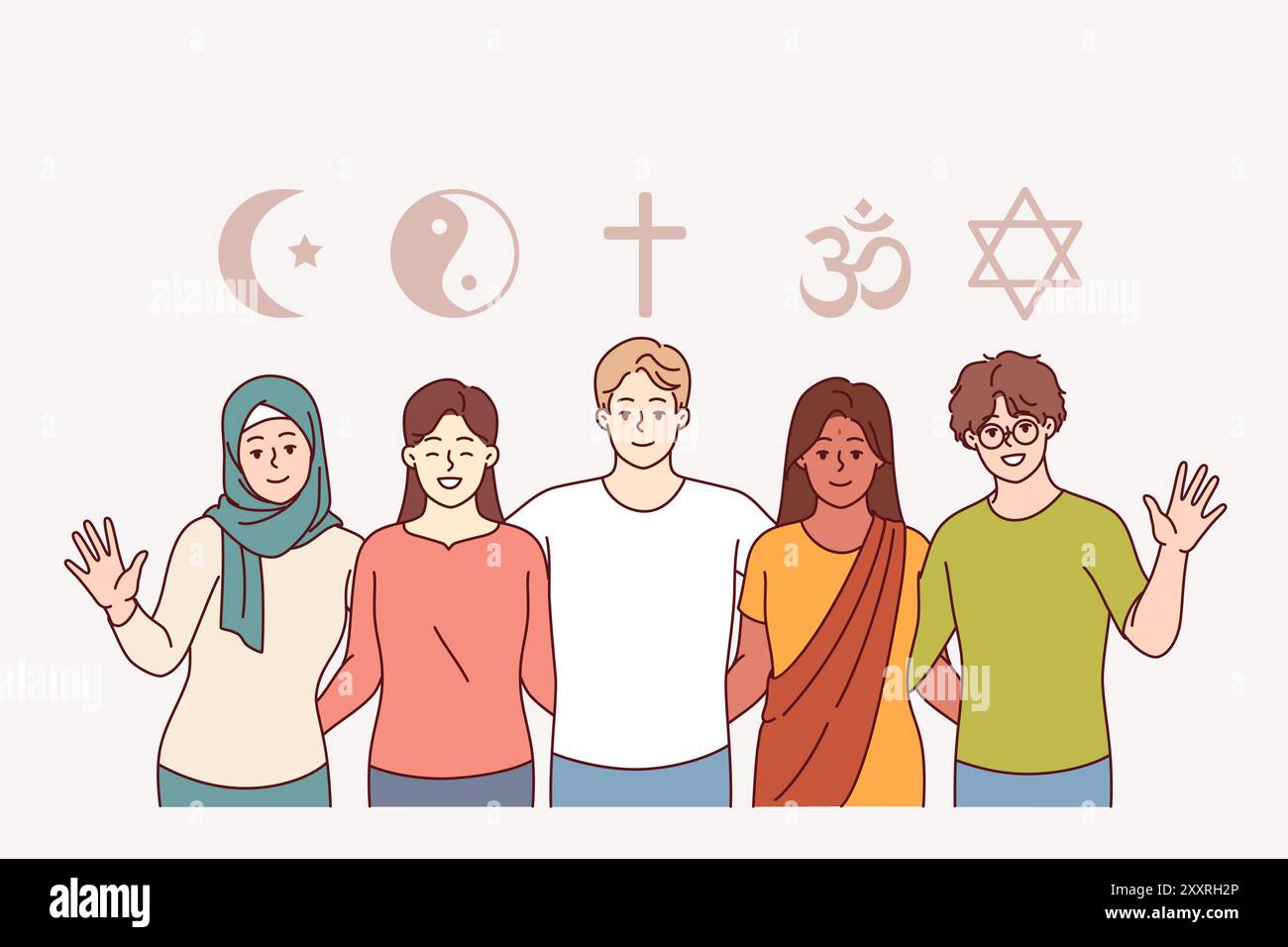 Interreligious understanding of people preaching islam and christianity or buddhism and judaism with hinduism. Interreligious friendship helps peace and prosperity of different nations Stock Vector