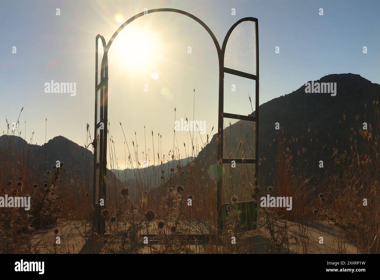 A door in nature with sun flares symbolizing endless possibilities. Stock Photo