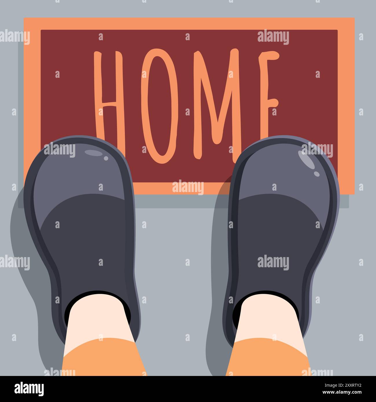 Person wearing shoes is standing on the mat with the inscription home Stock Vector