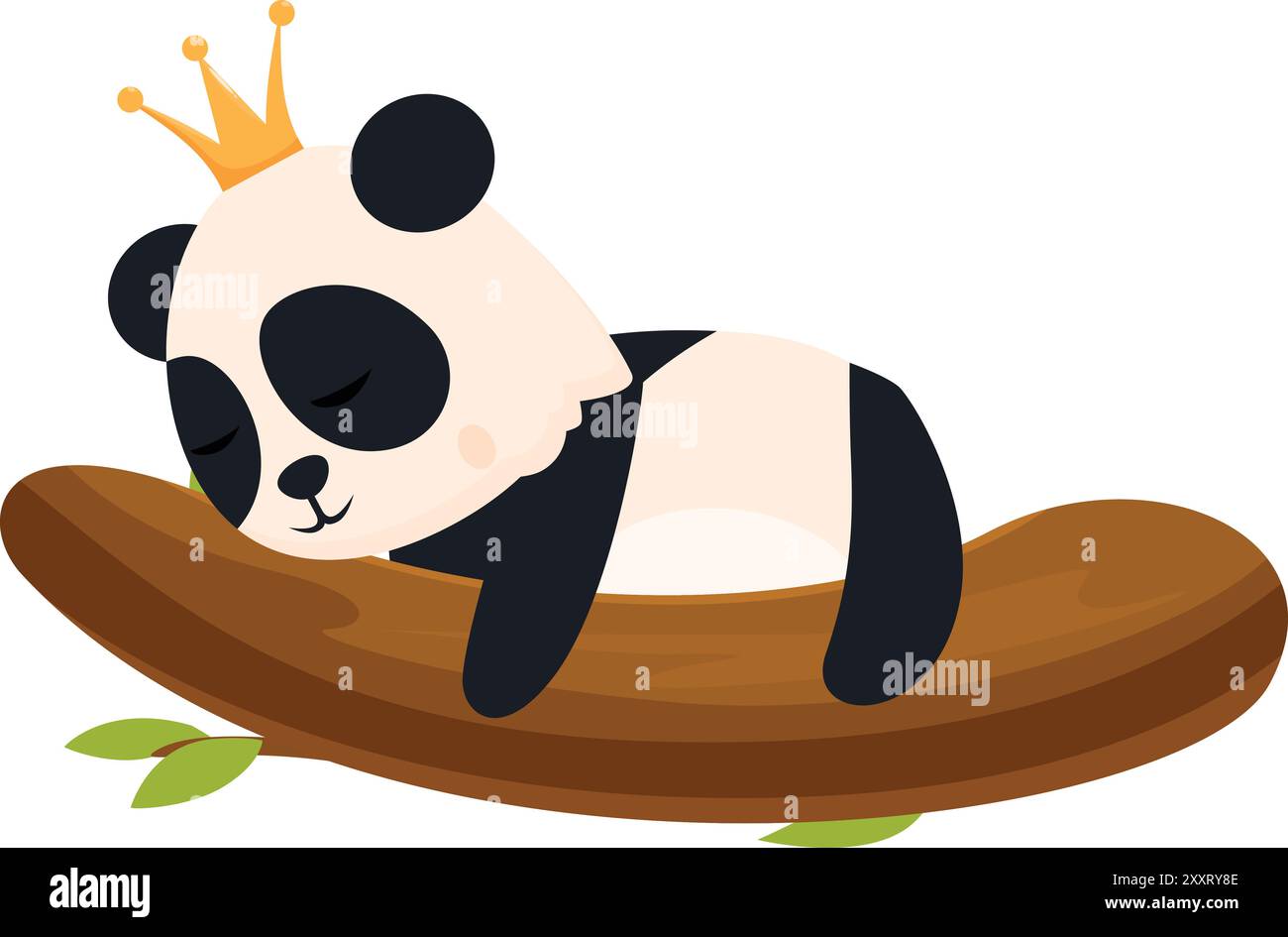 Cute cartoon panda wearing a gold crown is sleeping peacefully on a tree branch Stock Vector