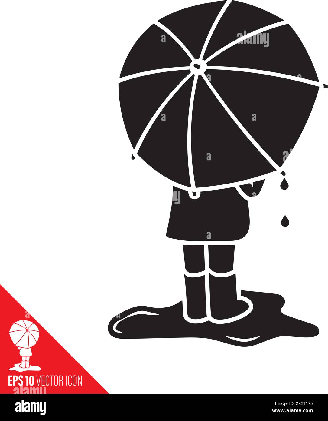 Kid with umbrella standing in puddle vector glyph icon Stock Vector