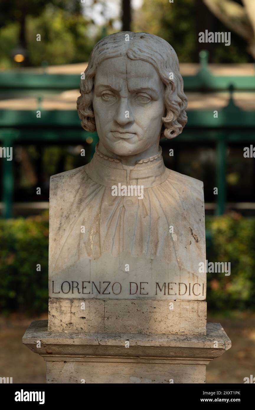 Marble bust of Lorenzo De Medici, Italian statesman, de facto ruler of the Florentine Republic, Villa Borghese park, Rome, Italy Stock Photo