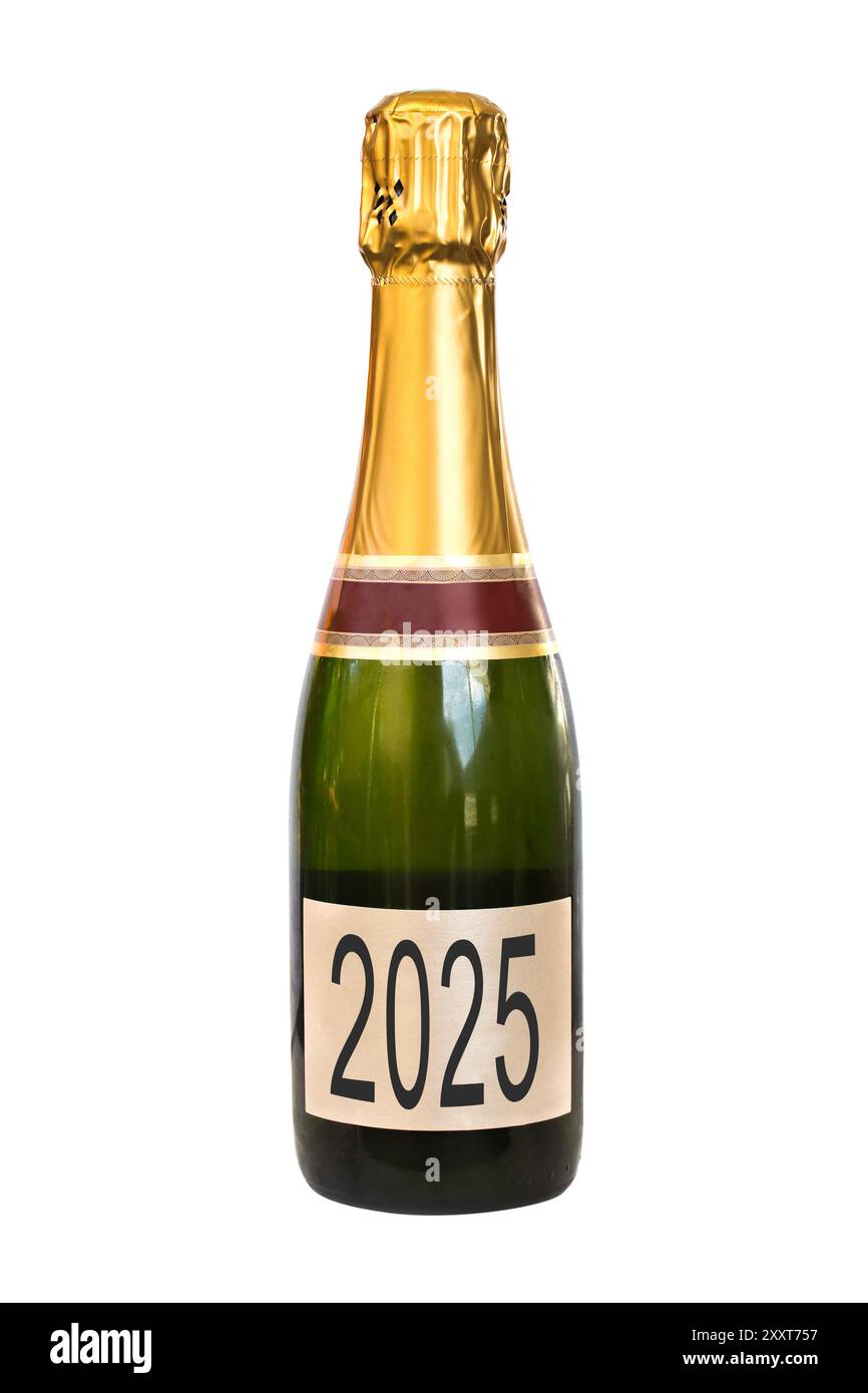 2025 written on a label of a bottle of Champagne, New Year card isolated on white background