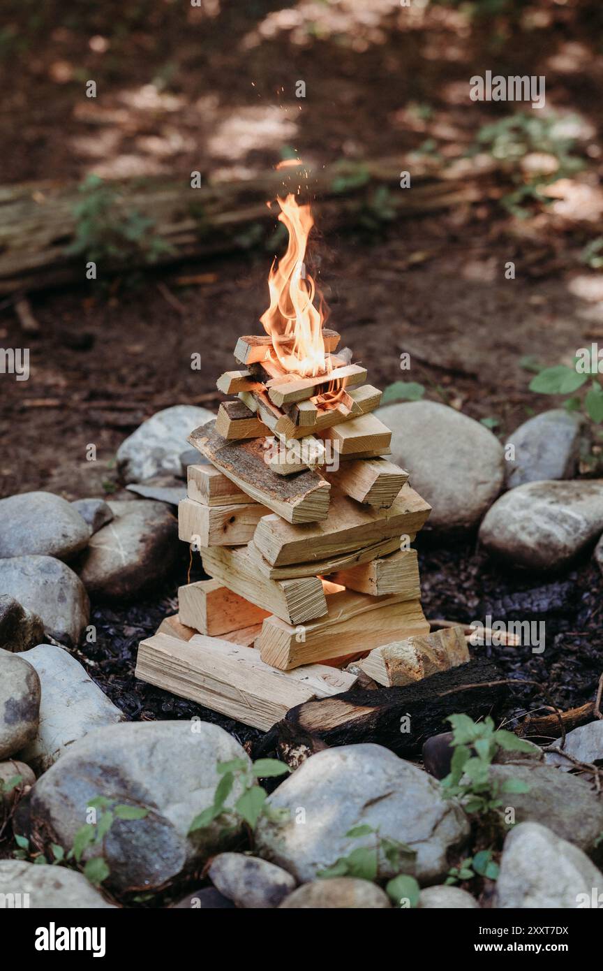 Small campfire with stacked wood burning in a forest setting Stock Photo