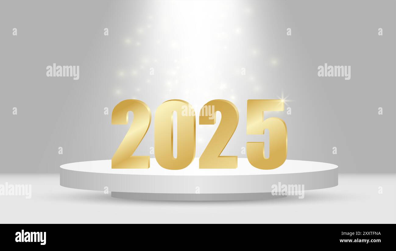 Golden numbers 2025 on a white podium with illumination. Happy New Year