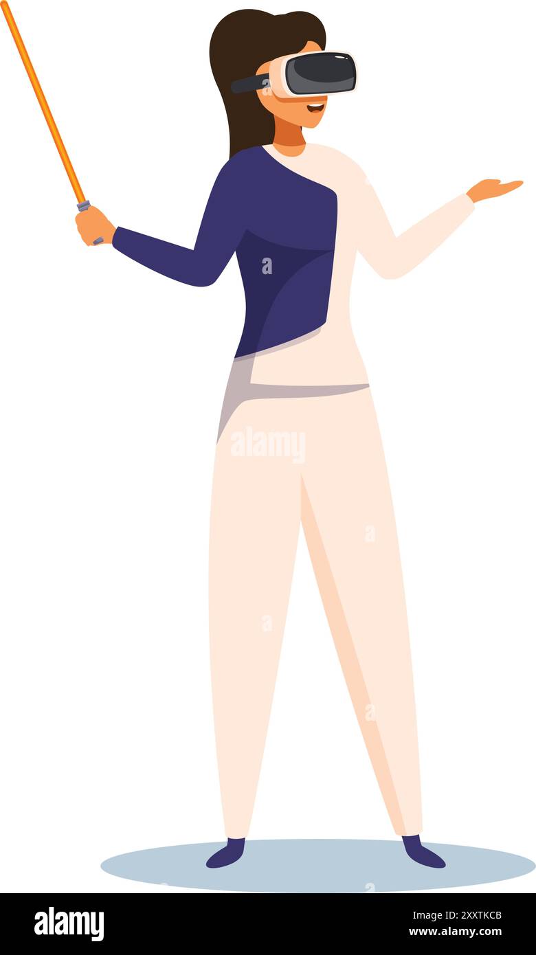 Teacher is wearing a vr headset and holding a pointer, presenting a virtual reality lesson Stock Vector