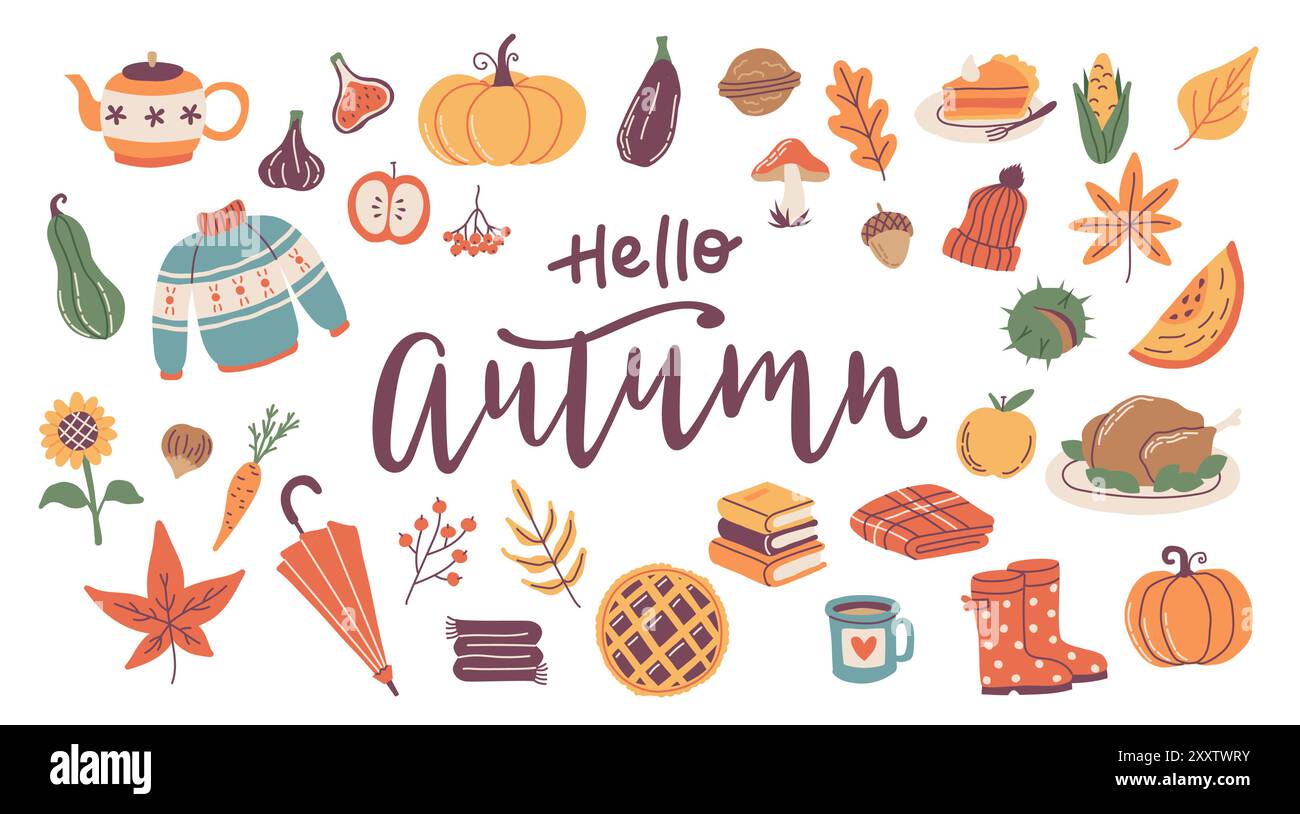 Hello autumn elements set with calligraphy, cute hand drawn seasonal ...