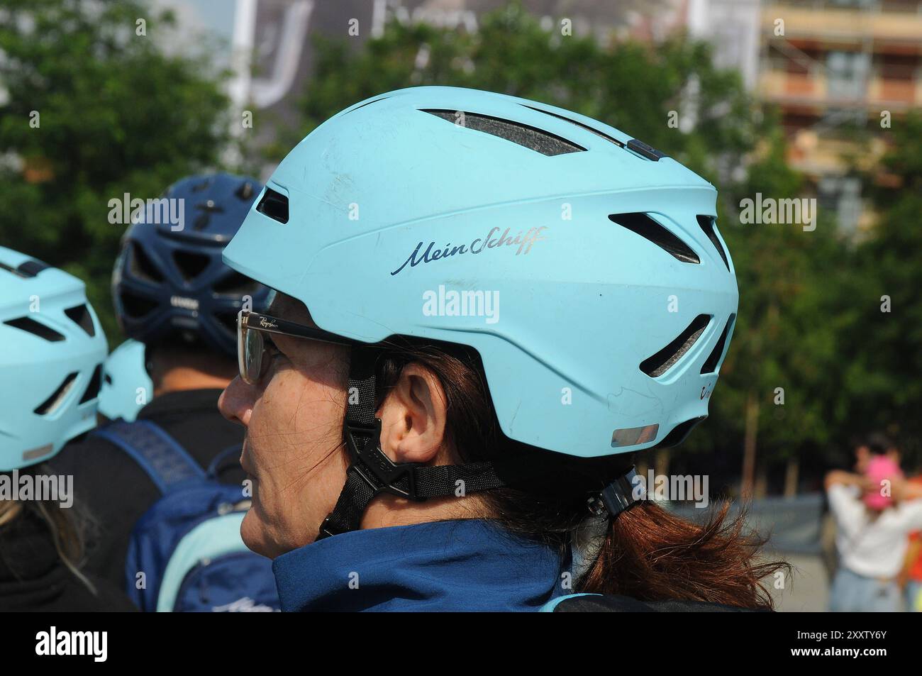 Copenhagen/ DenmarK/ 26 August 2024/Deutsche cruise ship meain schiff bike tourists gether t Copenhagen town hall sqaure in Copenhagen. Photo.Francis Joseph Dean/Dean Pictures Not for commercial use Stock Photo