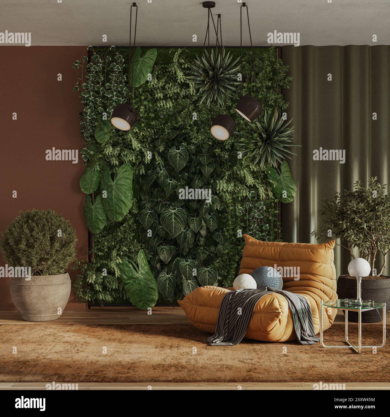 Vertical Green Wall in modern living room interior design, 3d render ...