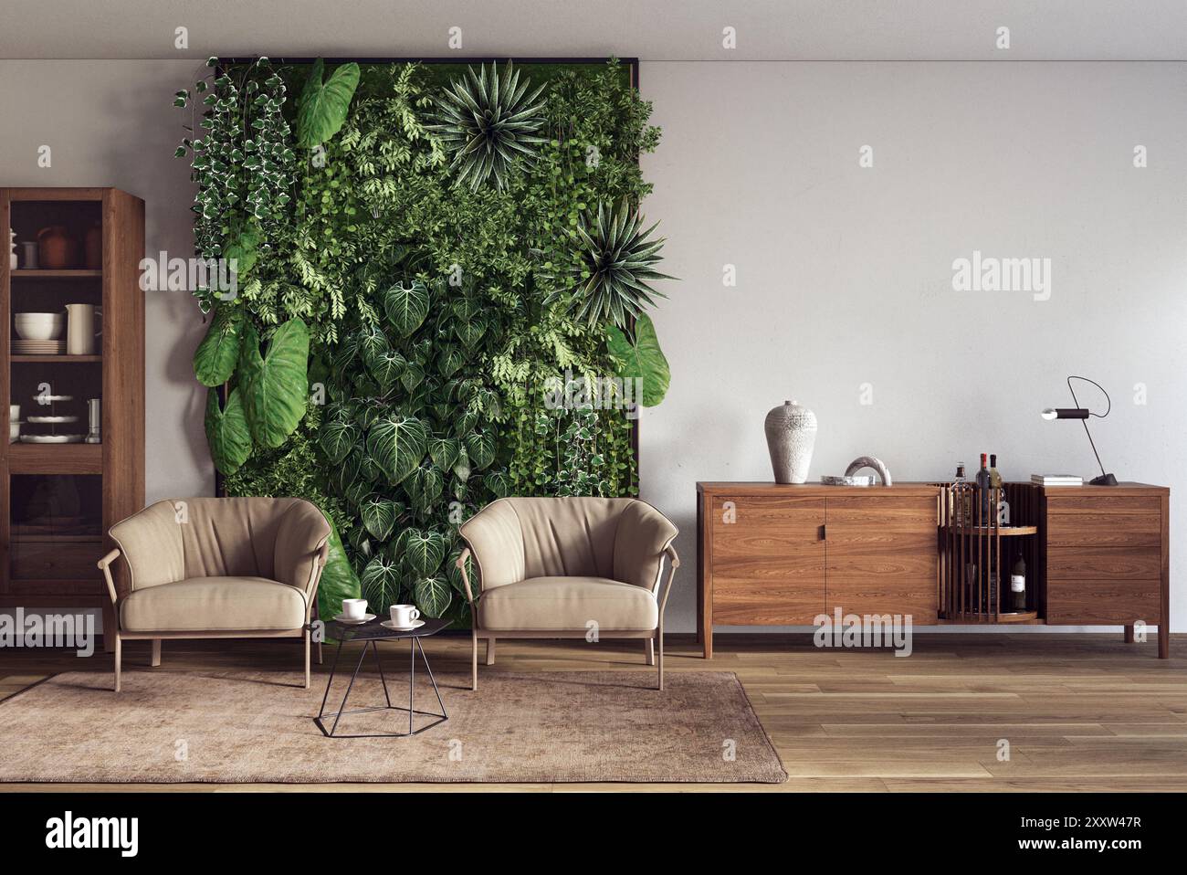 Vertical Green Wall in modern living room interior design, 3d render ...
