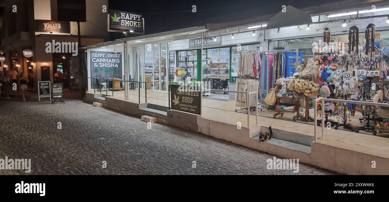 Rhodes (Greece): Happy Smoke cannabis shop in in the town centre of Faliraki  Stock Photo