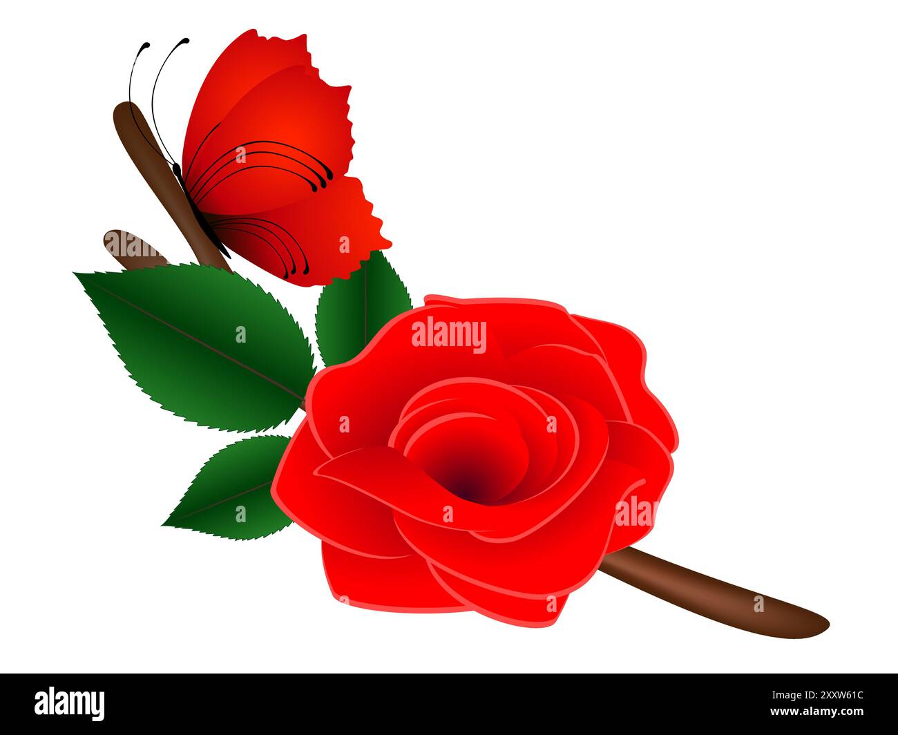 Red rose with leaves and a butterfly on a branch Stock Vector Image ...