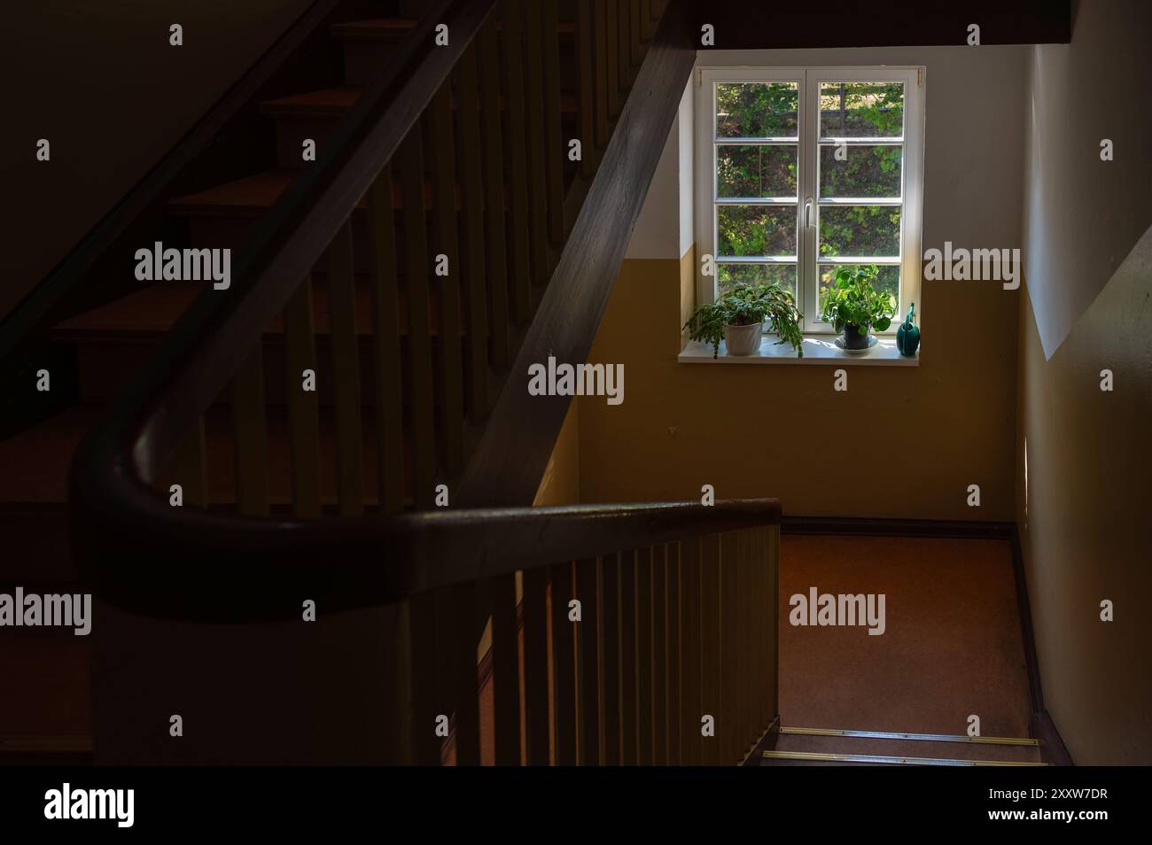 Window with flower pots in a stairwell Stock Photo